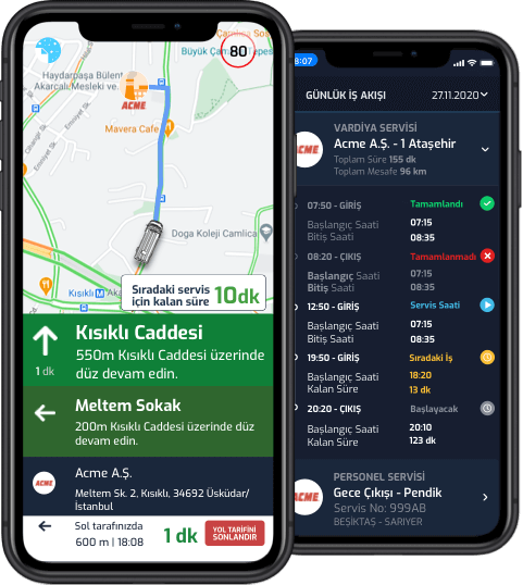 personel servisi sürücü iş takibi uygulama ekranları